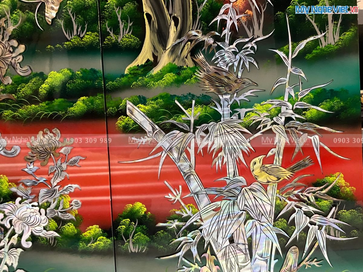 Bộ tranh sơn mài Mai Lan Cúc Trúc cẩn nổi MNV-SMA367