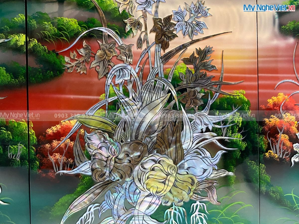 Bộ tranh sơn mài Tứ Quý Mai Lan Cúc Trúc cẩn nổi MNV-SMA367