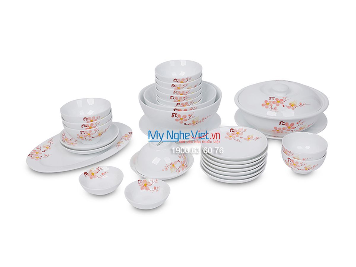Bộ bàn ăn men trắng vẽ hoa đào dành cho 10 người MNV-BBA02-10 (Hết hàng)