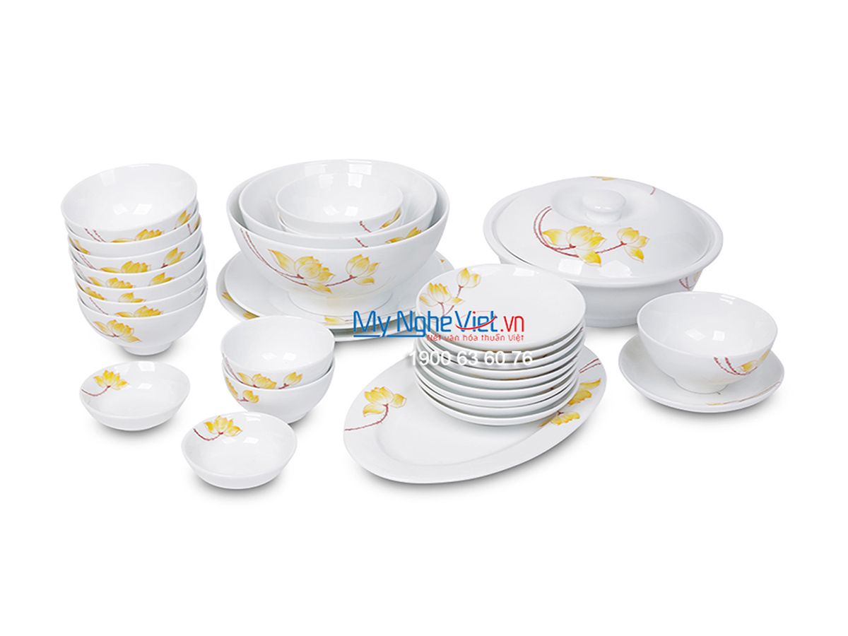 Bộ bàn ăn men trắng vẽ sen vàng dành cho 10 người MNV-BBA02-9 (Hàng đặt)