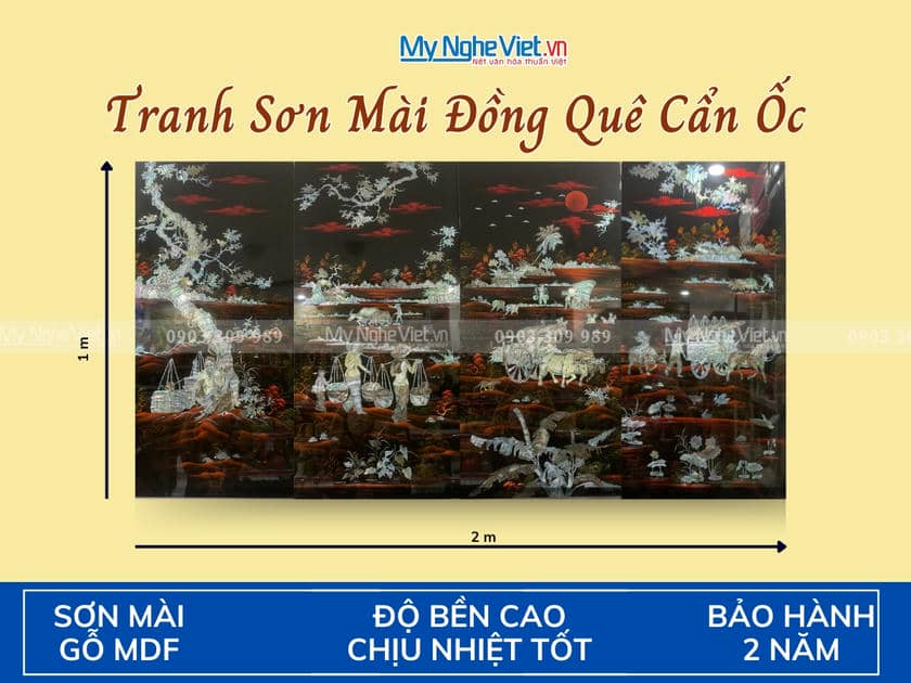 Tranh sơn mài đồng quê - làng quê thanh bình 