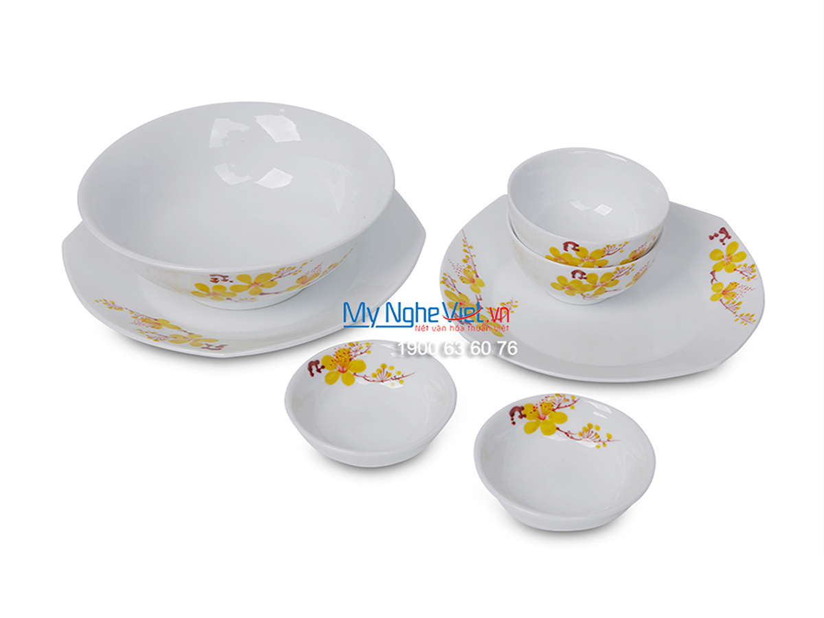 Bộ bàn ăn men trắng vẽ hoa mai dành cho 6 người MNV-BBA01-16 ( Hàng đặt)