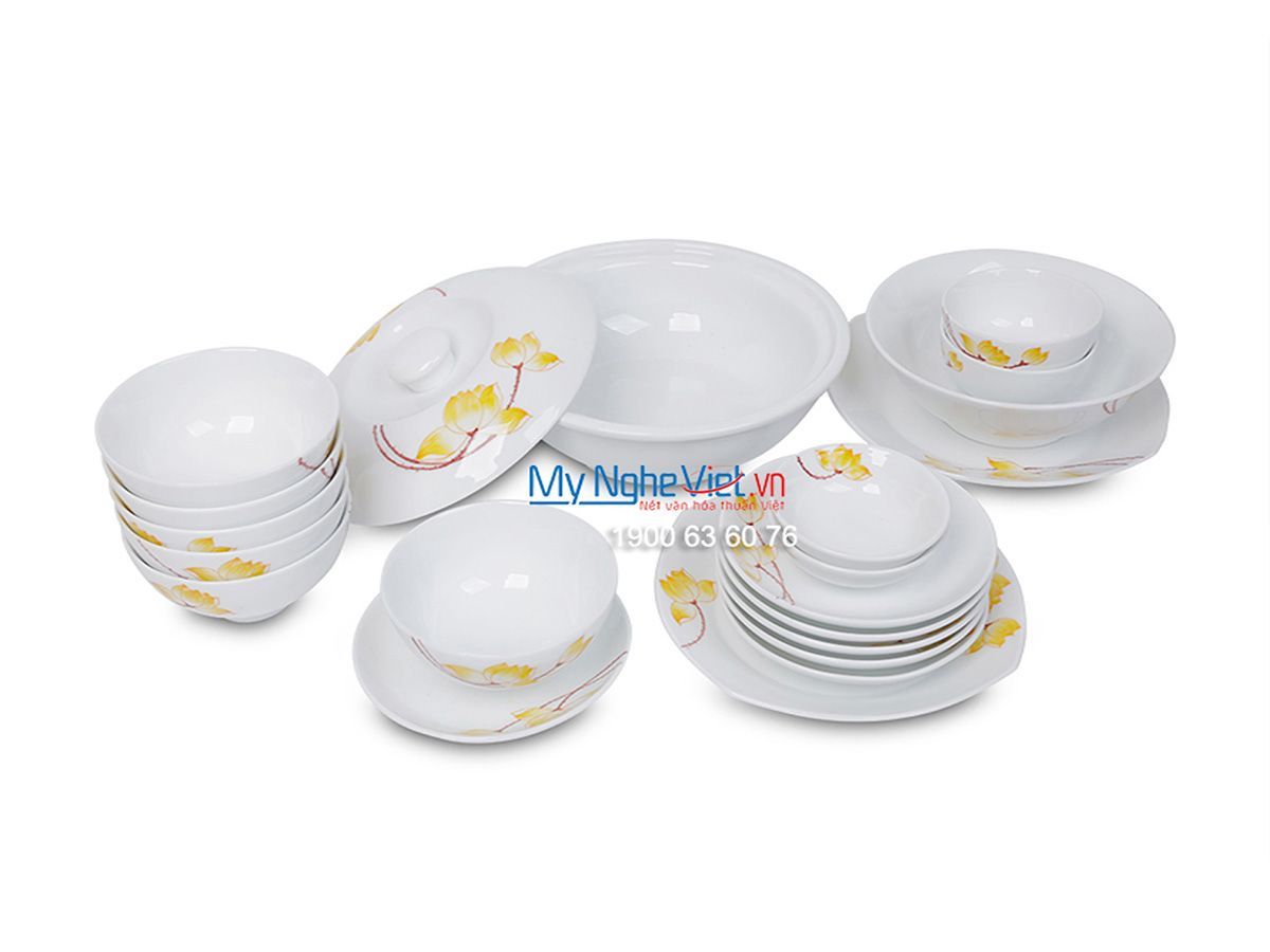 Bộ bàn ăn men trắng vẽ sen vàng dành cho 6 người MNV-BBA01-9 (Hết hàng)
