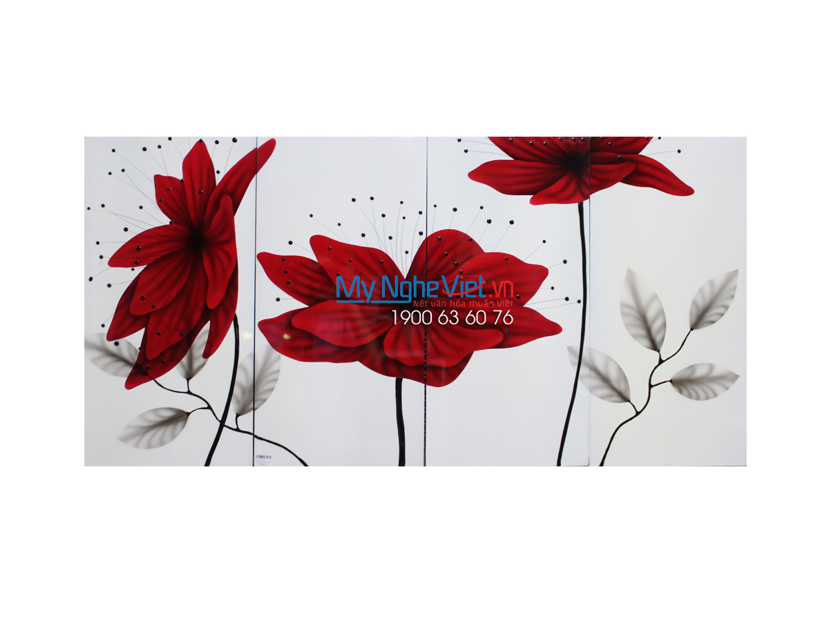 Bộ tranh sơn mài hoa ly đỏ nền trắng  MNV-TSM16